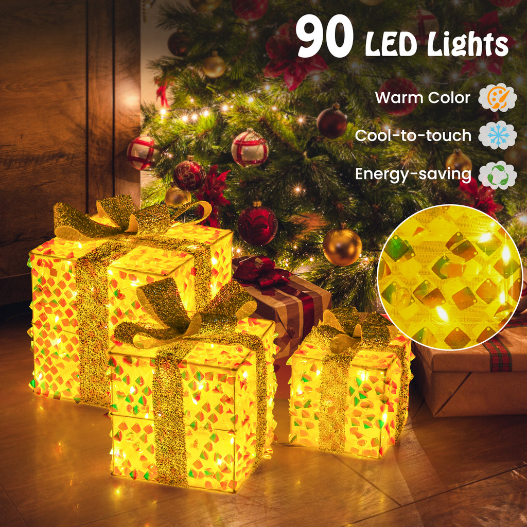 Set of 3 Christmas Lighted Gift Boxes with Pre-lit 90 LED Lights & Bows - Festive Holiday Decor