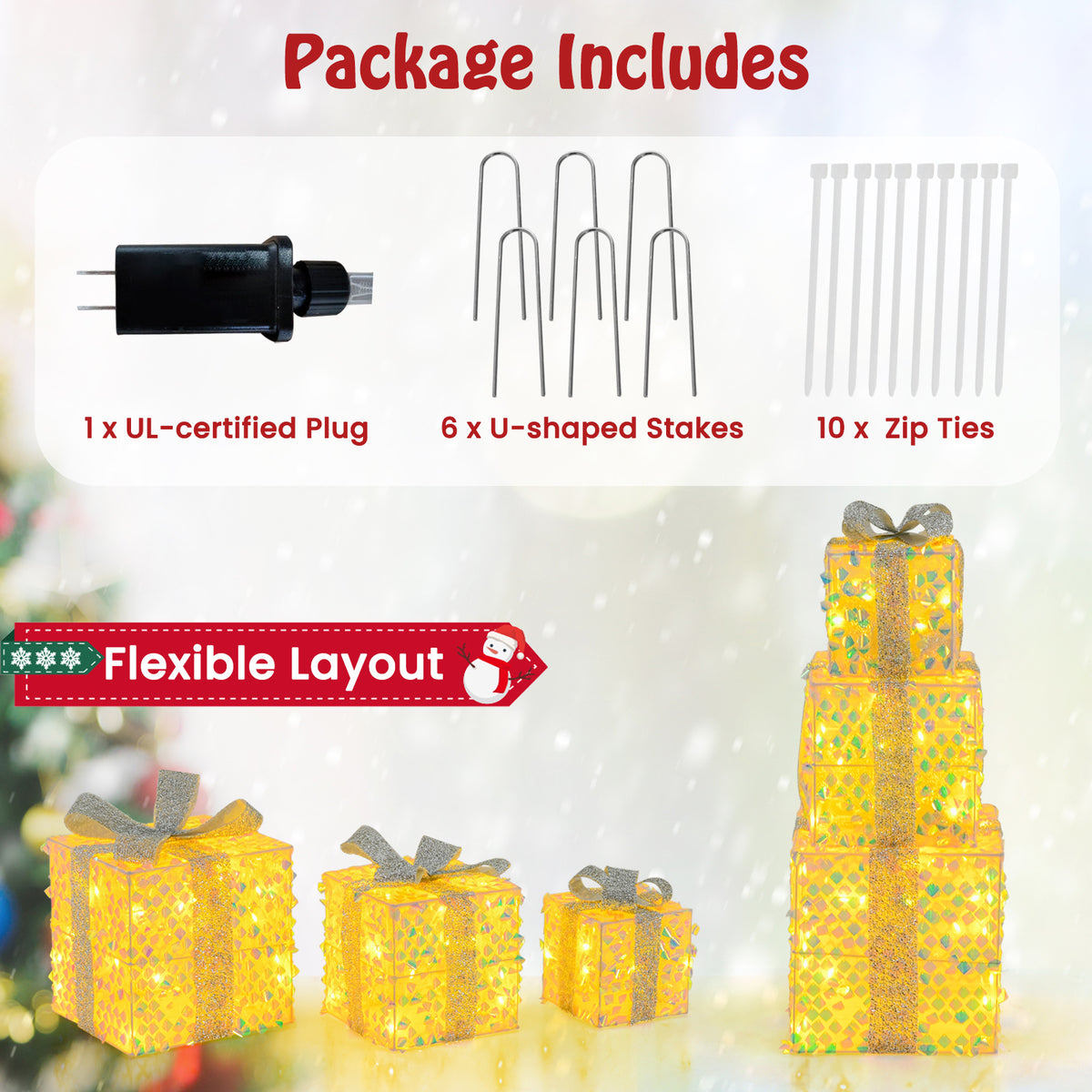 Set of 3 Christmas Lighted Gift Boxes with Pre-lit 90 LED Lights & Bows - Festive Holiday Decor