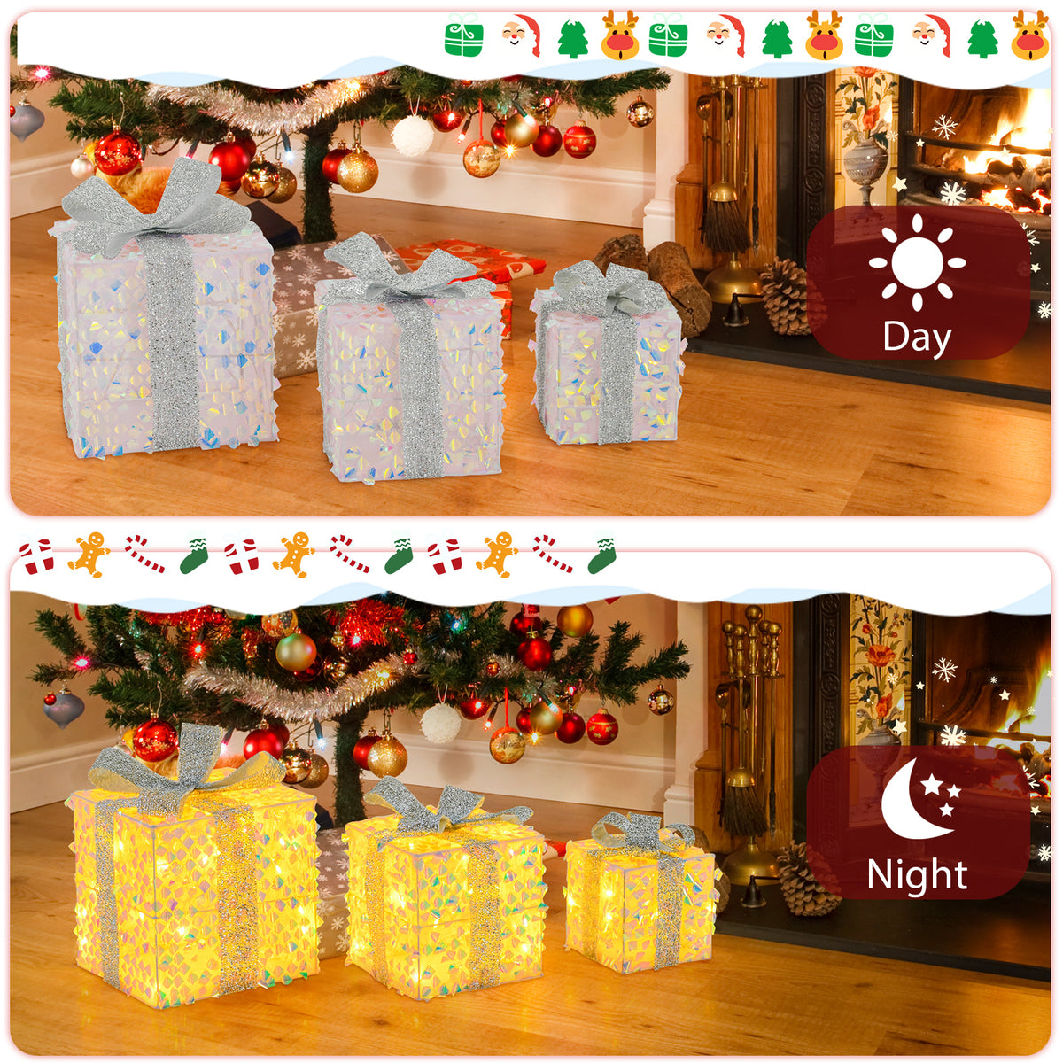 Set of 3 Christmas Lighted Gift Boxes with Pre-lit 90 LED Lights & Bows - Festive Holiday Decor