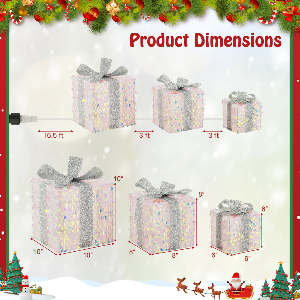 Set of 3 Christmas Lighted Gift Boxes with Pre-lit 90 LED Lights & Bows - Festive Holiday Decor