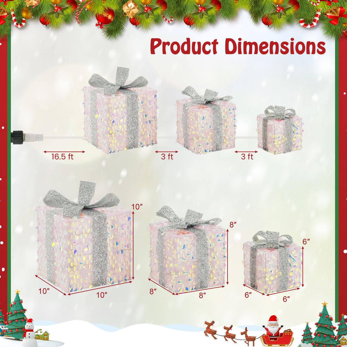 Set of 3 Christmas Lighted Gift Boxes with Pre-lit 90 LED Lights & Bows - Festive Holiday Decor
