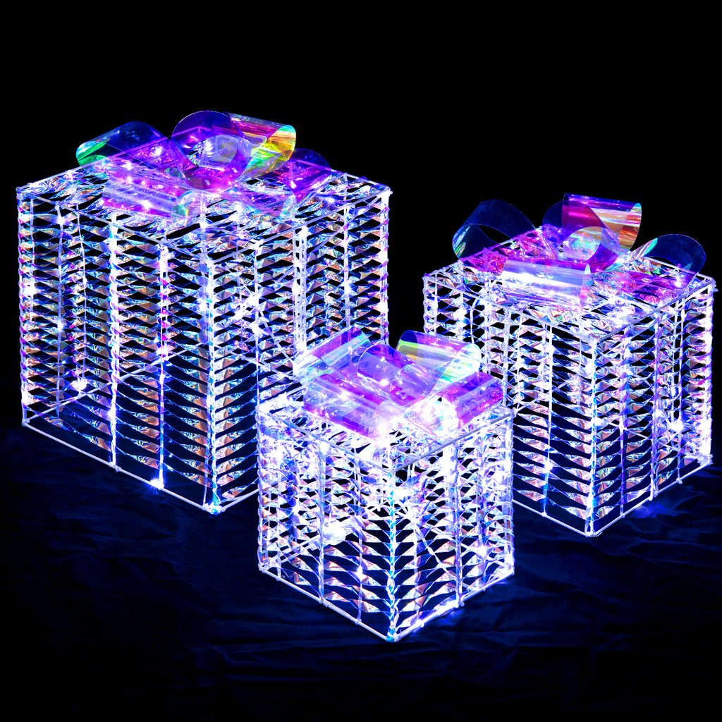 Set of 3 Iridescent Christmas Gift Boxes with Bows - Holiday Decor