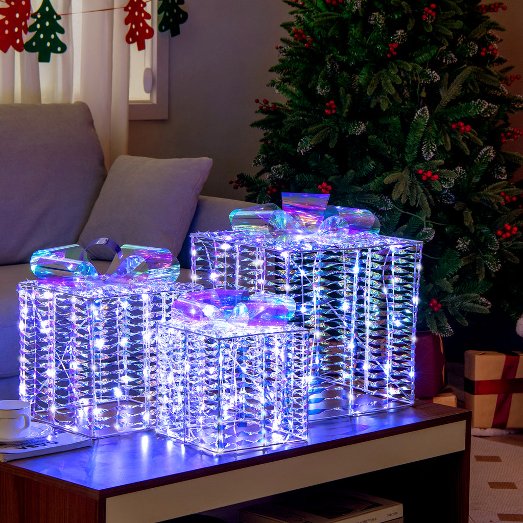 Set of 3 Iridescent Christmas Gift Boxes with Bows - Holiday Decor