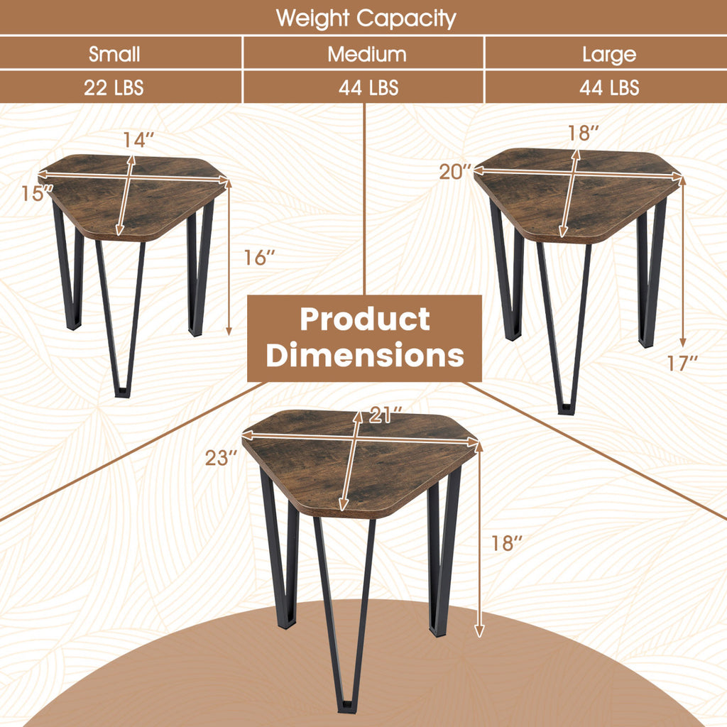 Nesting Coffee Tables Set of 3 with Metal Frame - Rustic Brown