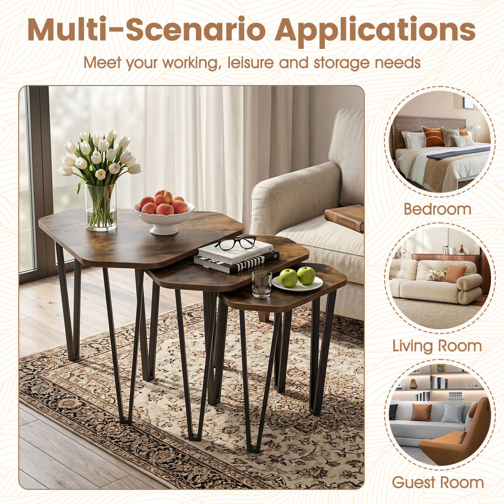 Nesting Coffee Tables Set of 3 with Metal Frame - Rustic Brown