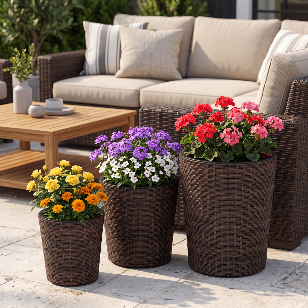 Set of 3 Plastic Planters with Drainage Holes and Saucers for Porch