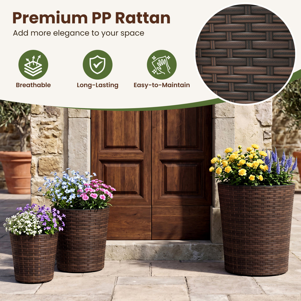 Set of 3 Plastic Planters with Drainage Holes and Saucers for Porch