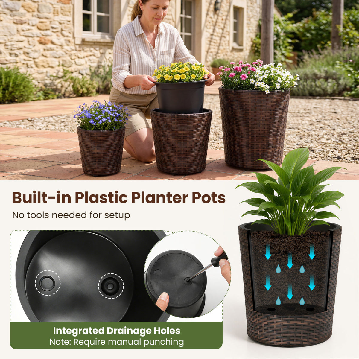 Set of 3 Plastic Planters with Drainage Holes and Saucers for Porch