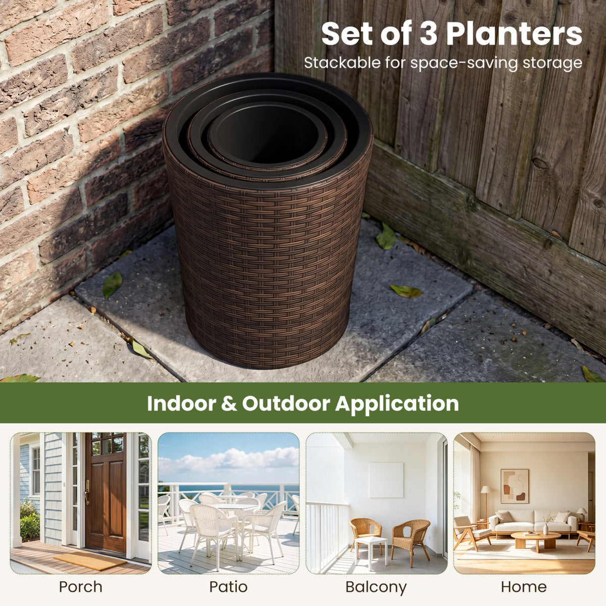 Set of 3 Plastic Planters with Drainage Holes and Saucers for Porch