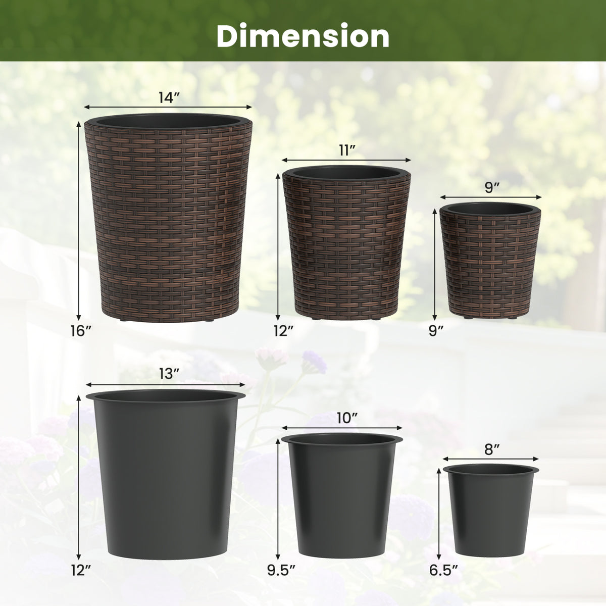 Set of 3 Plastic Planters with Drainage Holes and Saucers for Porch
