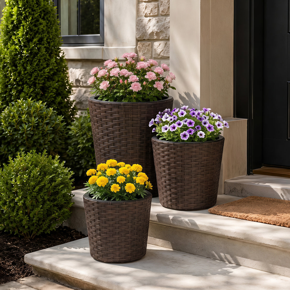 Set of 3 Plastic Planters with Drainage Holes and Saucers for Porch