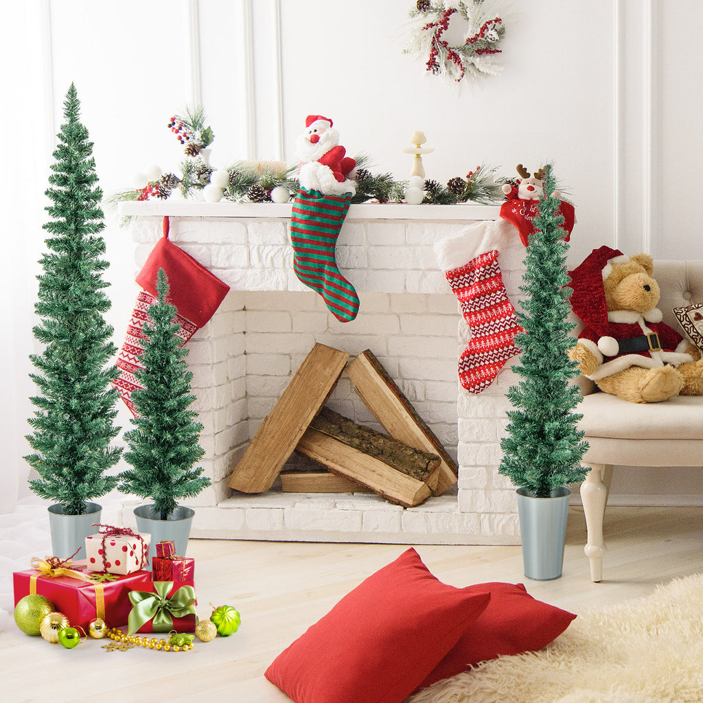 Green Artificial Christmas Tree Set of 3 with Silver Metal Buckets - Realistic Look, Easy Setup