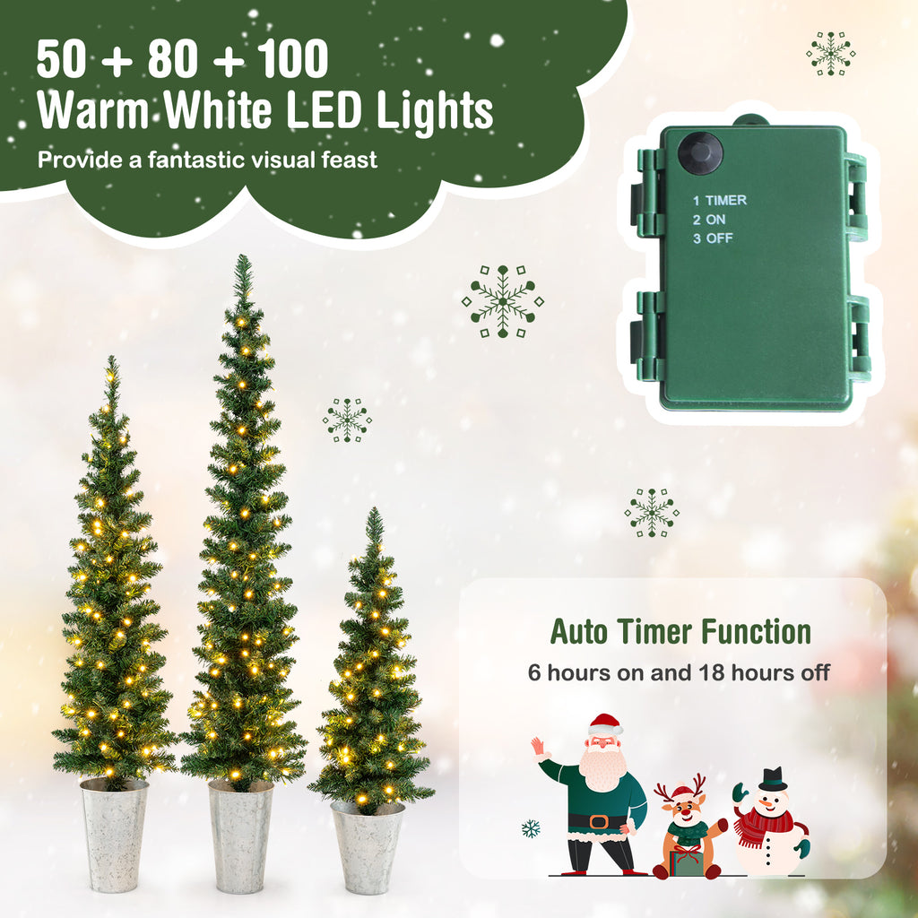 Pre-Lit Artificial Christmas Trees Set of 3 - Green with Warm White LEDs - Variation: Prelit and Green
