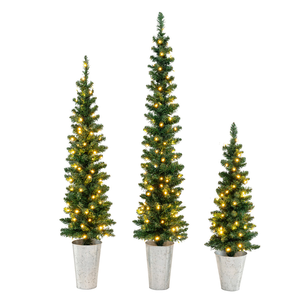 Pre-Lit Artificial Christmas Trees Set of 3 - Green with Warm White LEDs - Variation: Prelit and Green