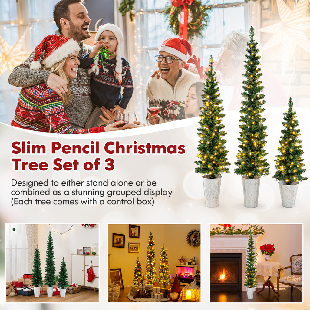 Pre-Lit Artificial Christmas Trees Set of 3 - Green with Warm White LEDs - Variation: Prelit and Green