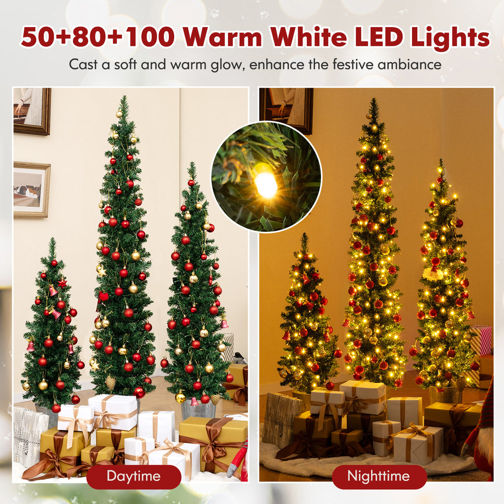 Pre-Lit Artificial Christmas Trees Set of 3 - Green with Warm White LEDs - Variation: Prelit and Green