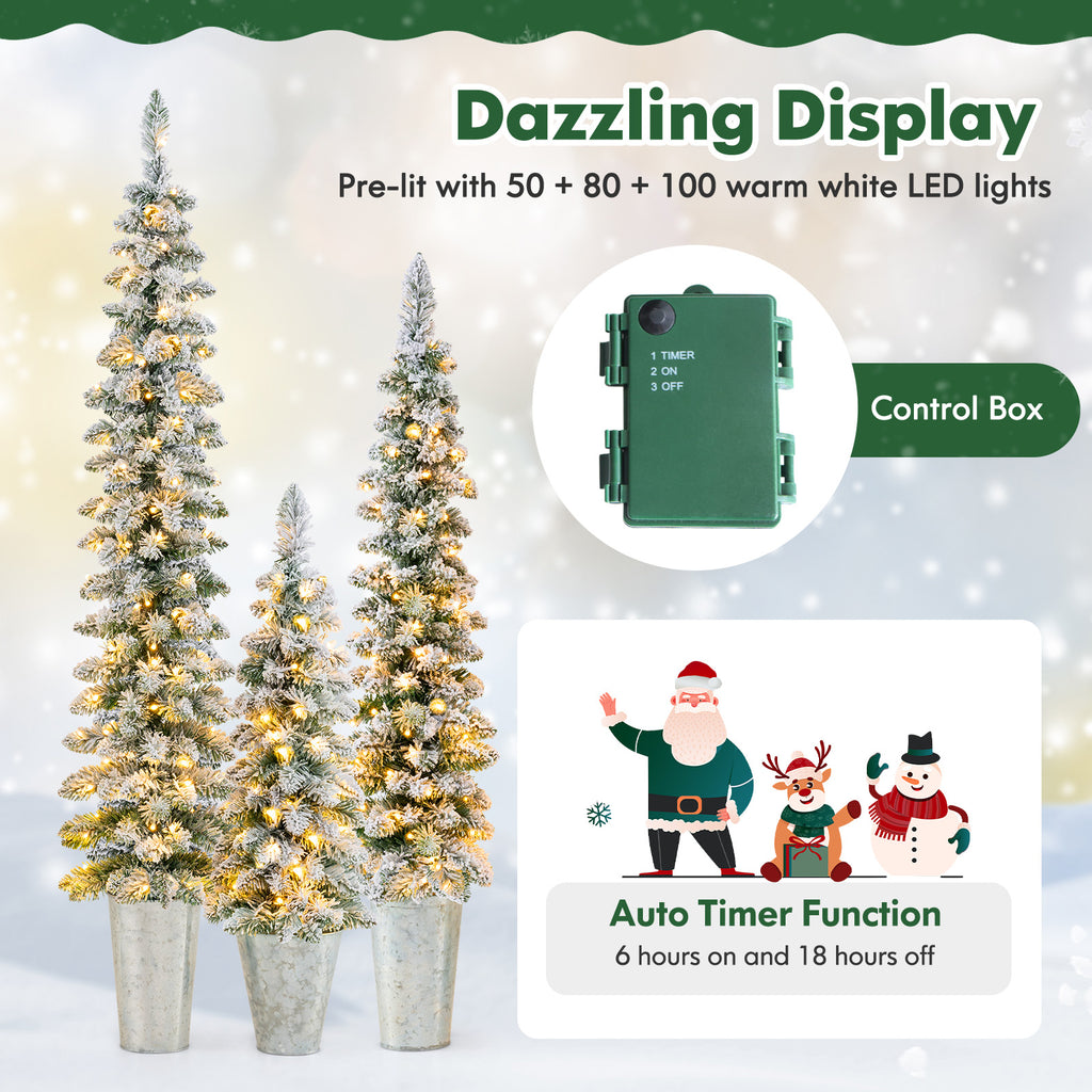 Pre-Lit Snow Flocked Artificial Christmas Trees Set of 3 - Costway - Snow Flocked Variation