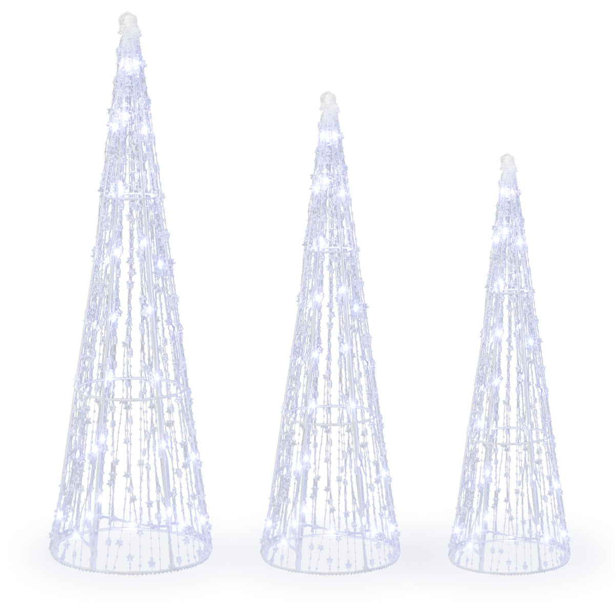 Pre-lit Christmas Cone Trees Set of 3 - Off White with Star Strings & Beads