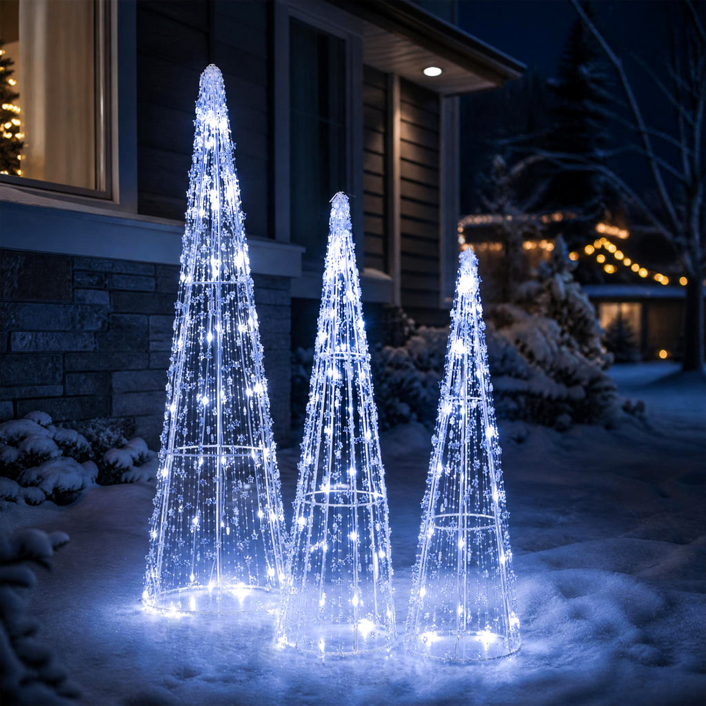 Pre-lit Christmas Cone Trees Set of 3 - Off White with Star Strings & Beads