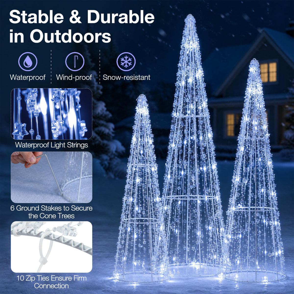 Pre-lit Christmas Cone Trees Set of 3 - Off White with Star Strings & Beads