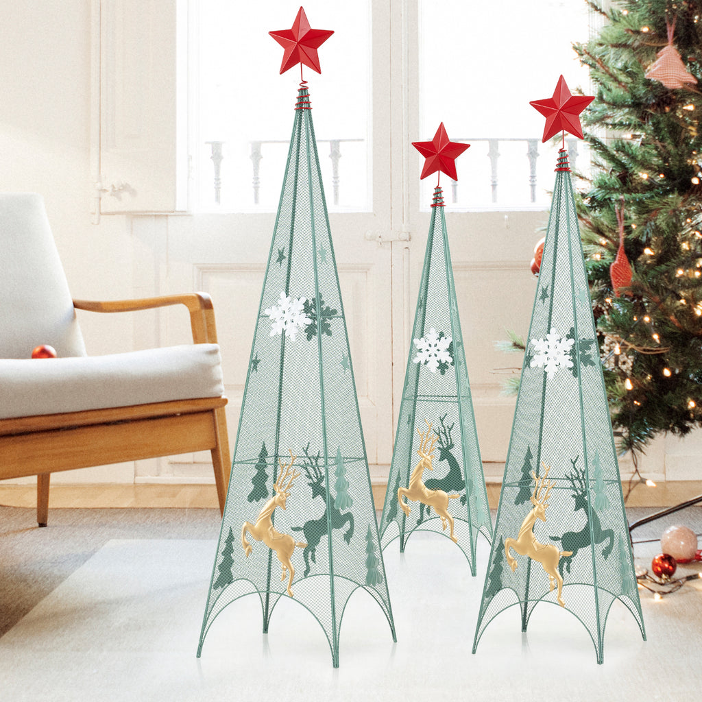 Set of 3 Tower Shaped Christmas Trees with Removable Star Toppers - 3ft, 3.5ft, 4ft Holiday Decor