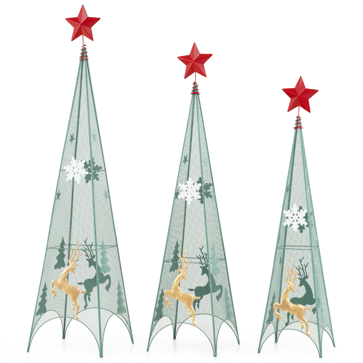 Set of 3 Tower Shaped Christmas Trees with Removable Star Toppers - 3ft, 3.5ft, 4ft Holiday Decor