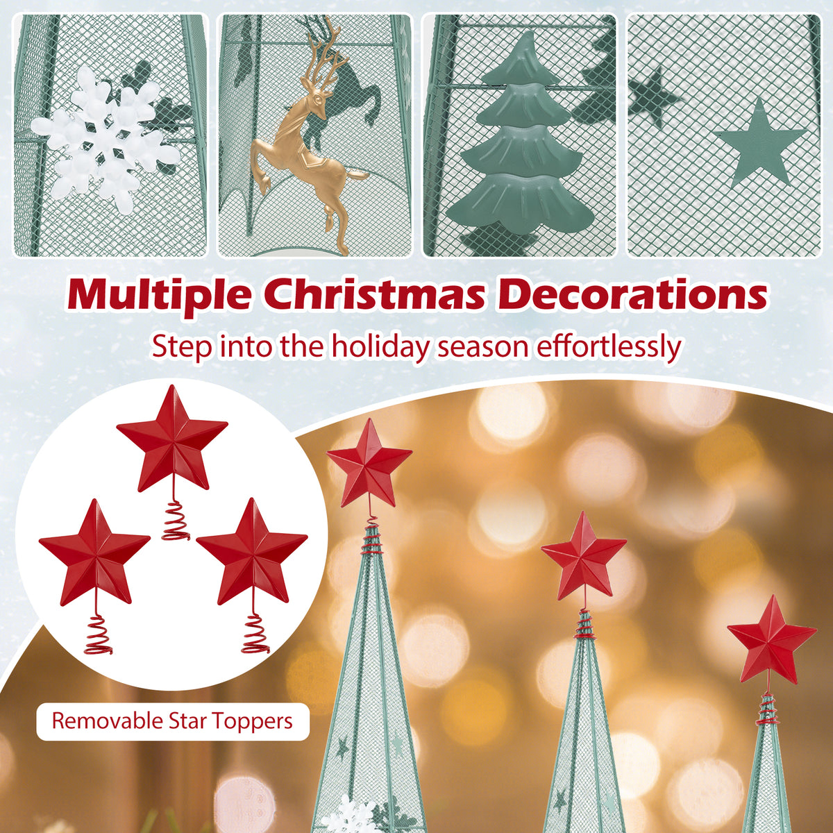 Set of 3 Tower Shaped Christmas Trees with Removable Star Toppers - 3ft, 3.5ft, 4ft Holiday Decor