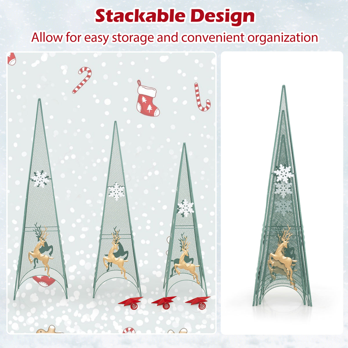 Set of 3 Tower Shaped Christmas Trees with Removable Star Toppers - 3ft, 3.5ft, 4ft Holiday Decor