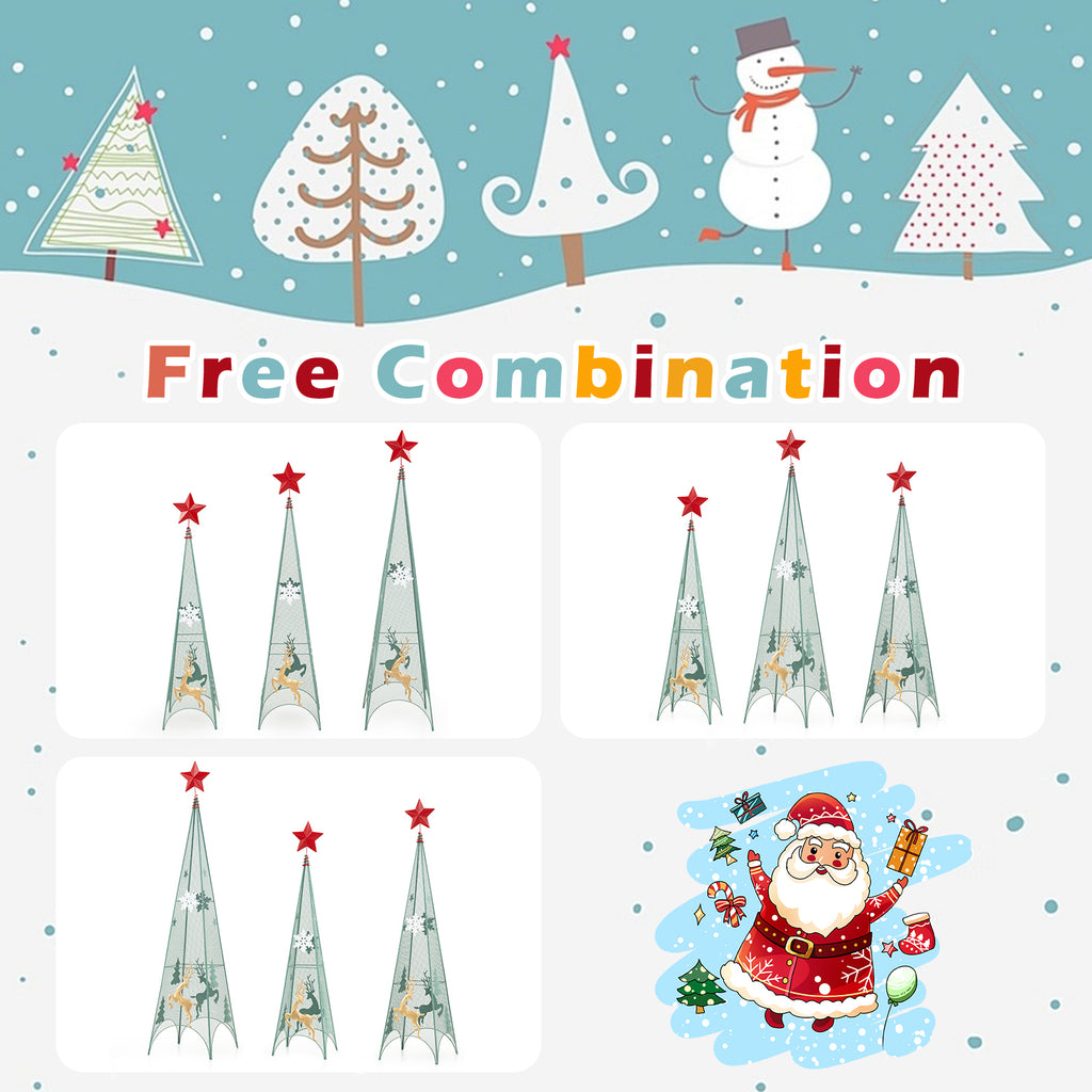 Set of 3 Tower Shaped Christmas Trees with Removable Star Toppers - 3ft, 3.5ft, 4ft Holiday Decor