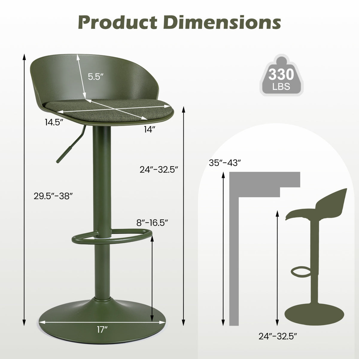 Adjustable Swivel Bar Stools Set of 4 - Green