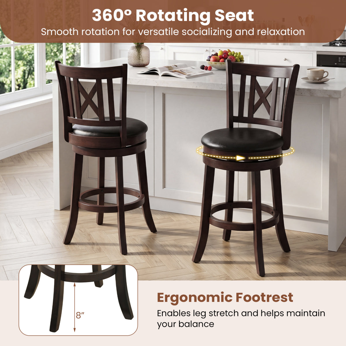 Set of 4 Bar Stools Swivel 26 Inches with Footrest