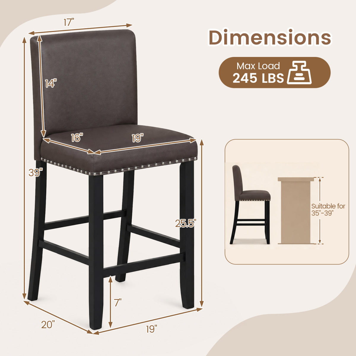 Bar Stools with Back for Kitchen Island Set of 4, Brown