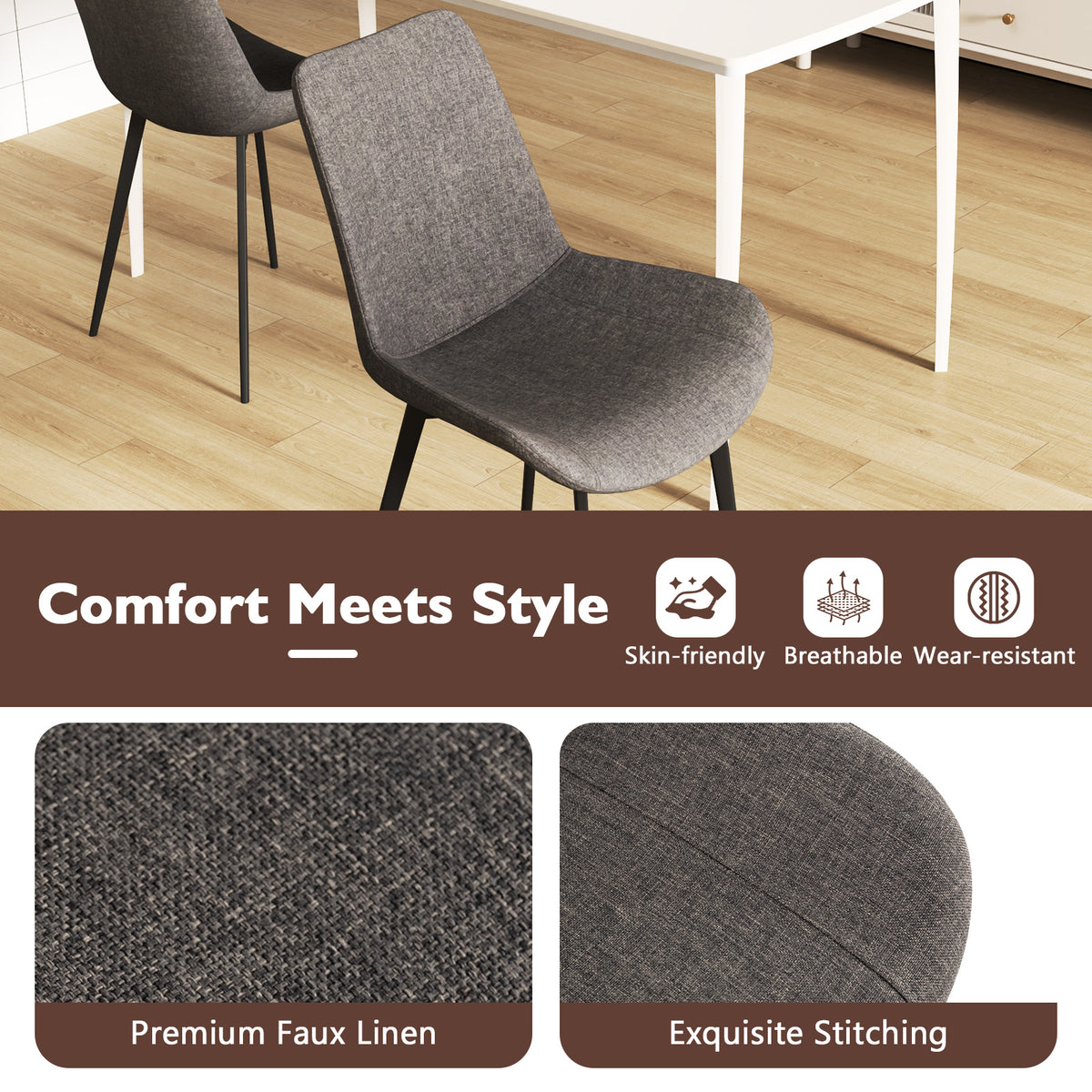 Set of 4 Upholstered Dining Chairs with Metal Legs - Gray
