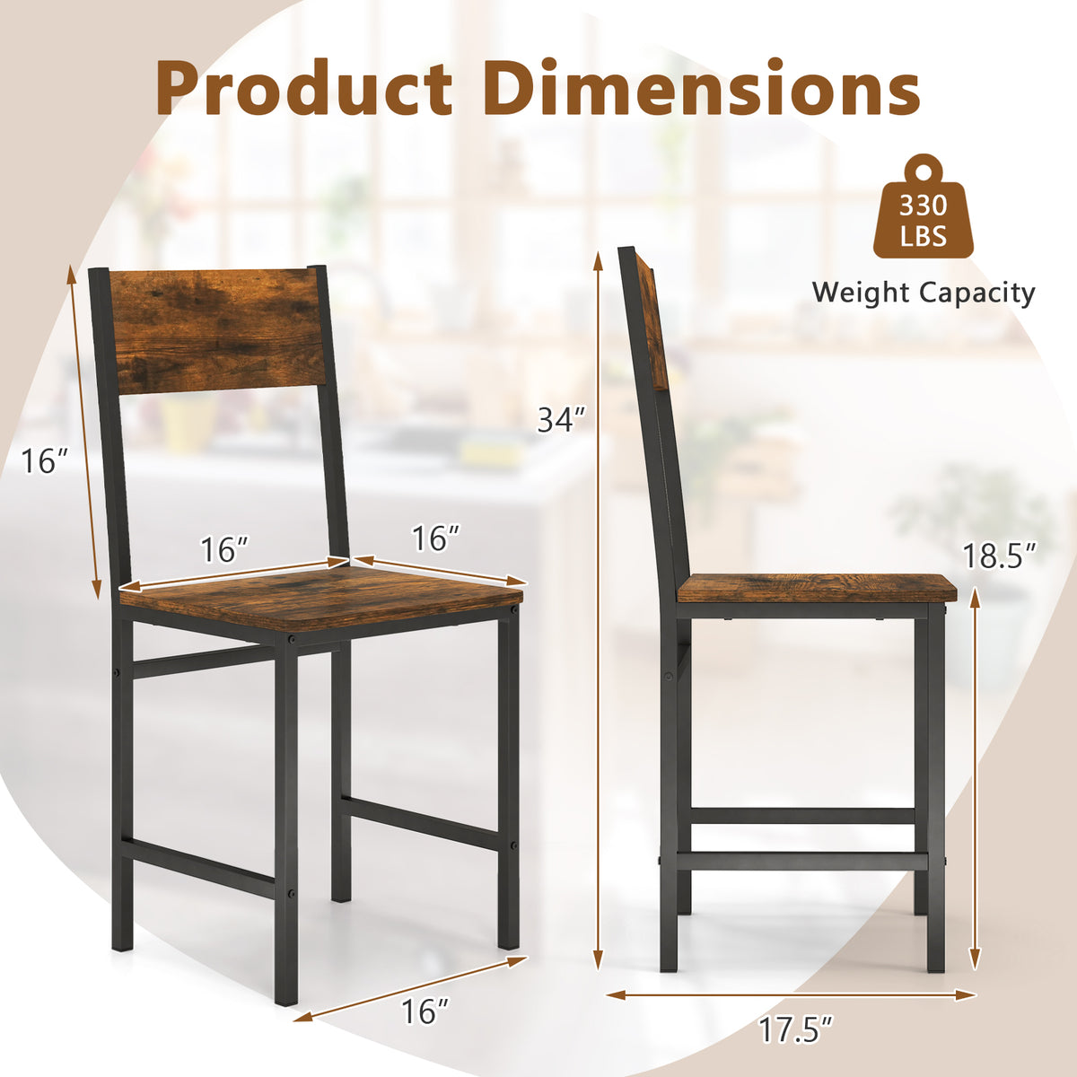 Dining Chairs Set of 4 with Metal Legs, Rustic Brown