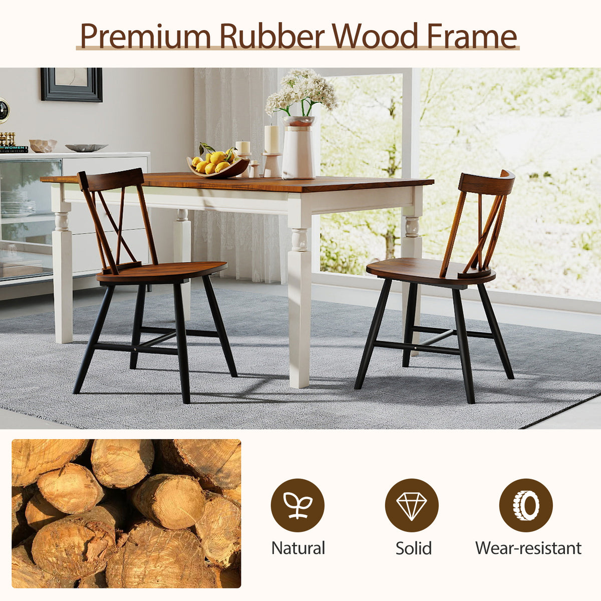 Set of 4 Dining Chairs, Dark Brown - Rubber Wood Frame