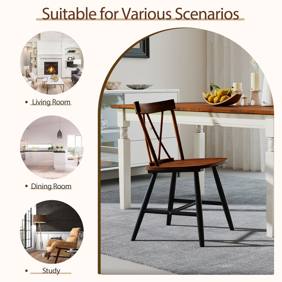 Set of 4 Dining Chairs, Dark Brown - Rubber Wood Frame
