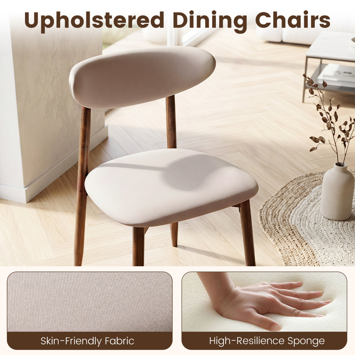 Fabric Upholstered Dining Chairs Set of 4 - Beige Polyester