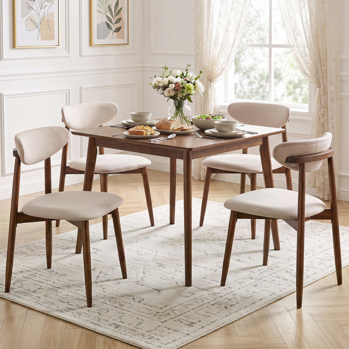 Fabric Upholstered Dining Chairs Set of 4 - Beige Polyester