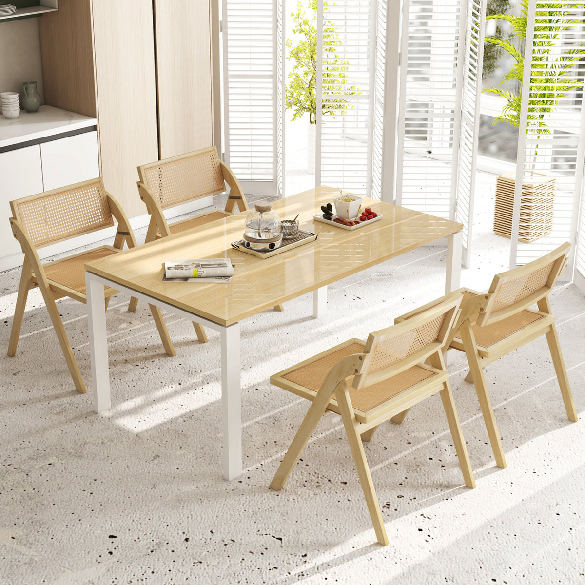 Set of 4 Foldable Dining Chairs, Rattan Backrest - Natural