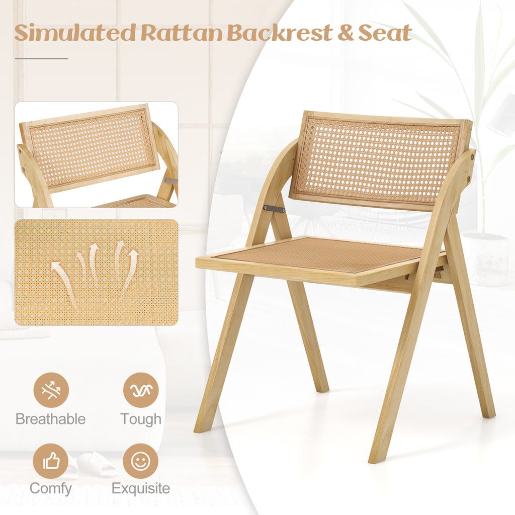 Set of 4 Foldable Dining Chairs, Rattan Backrest - Natural