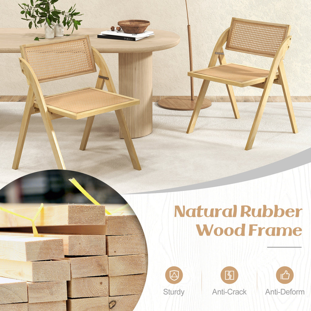 Set of 4 Foldable Dining Chairs, Rattan Backrest - Natural