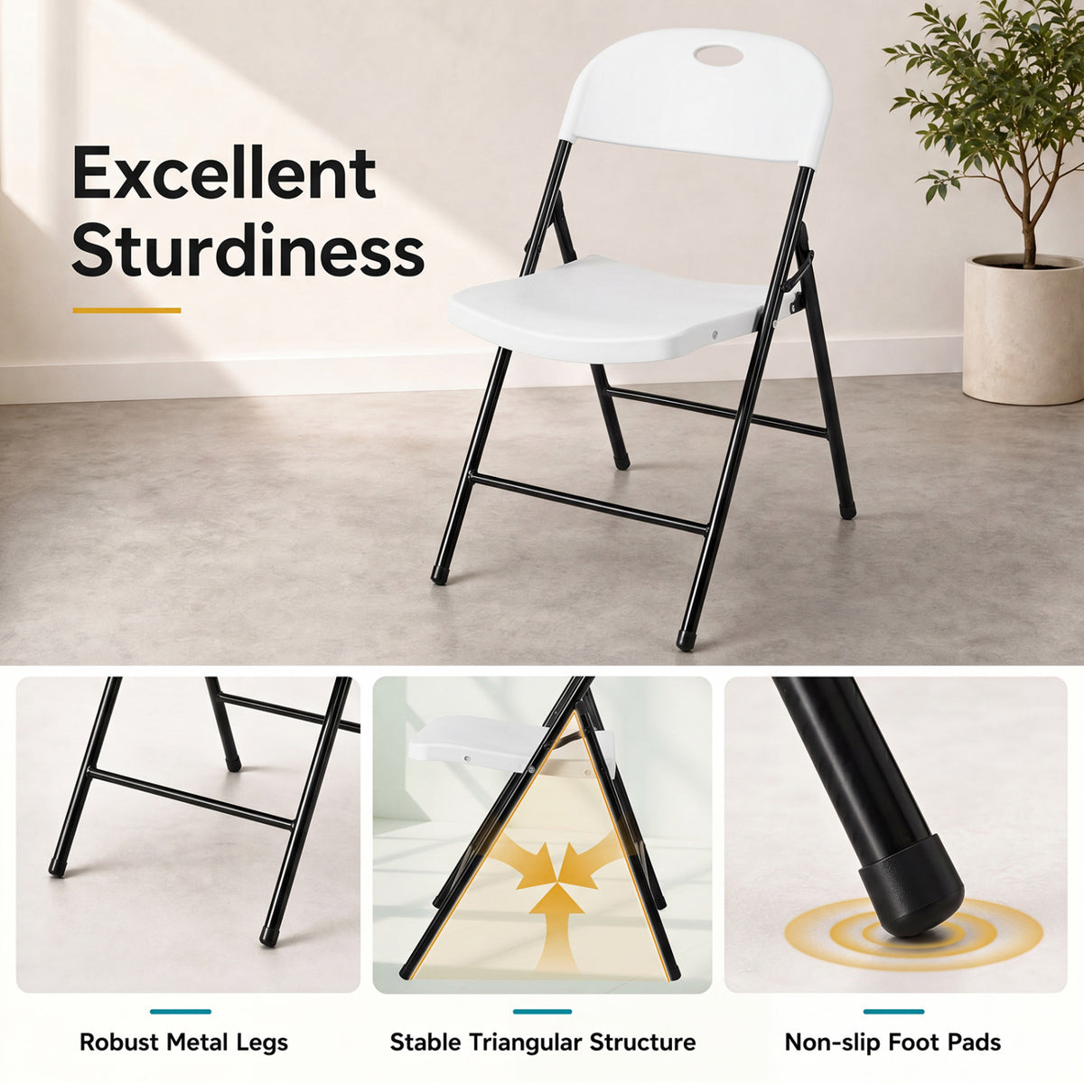 Foldable Plastic Dining Chairs Set of 4 - White