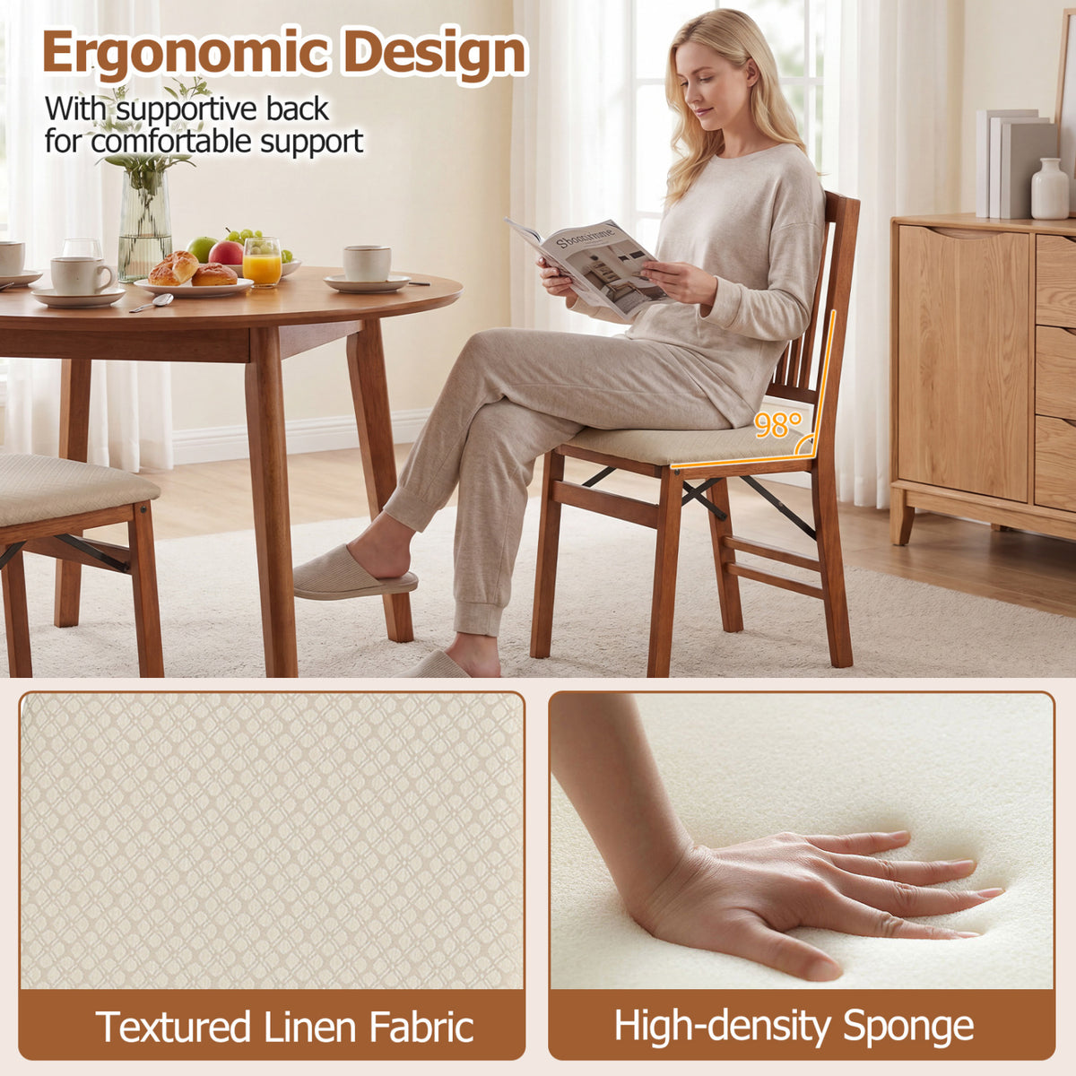 Foldable Upholstered Dining Chairs Set of 4 - Beige