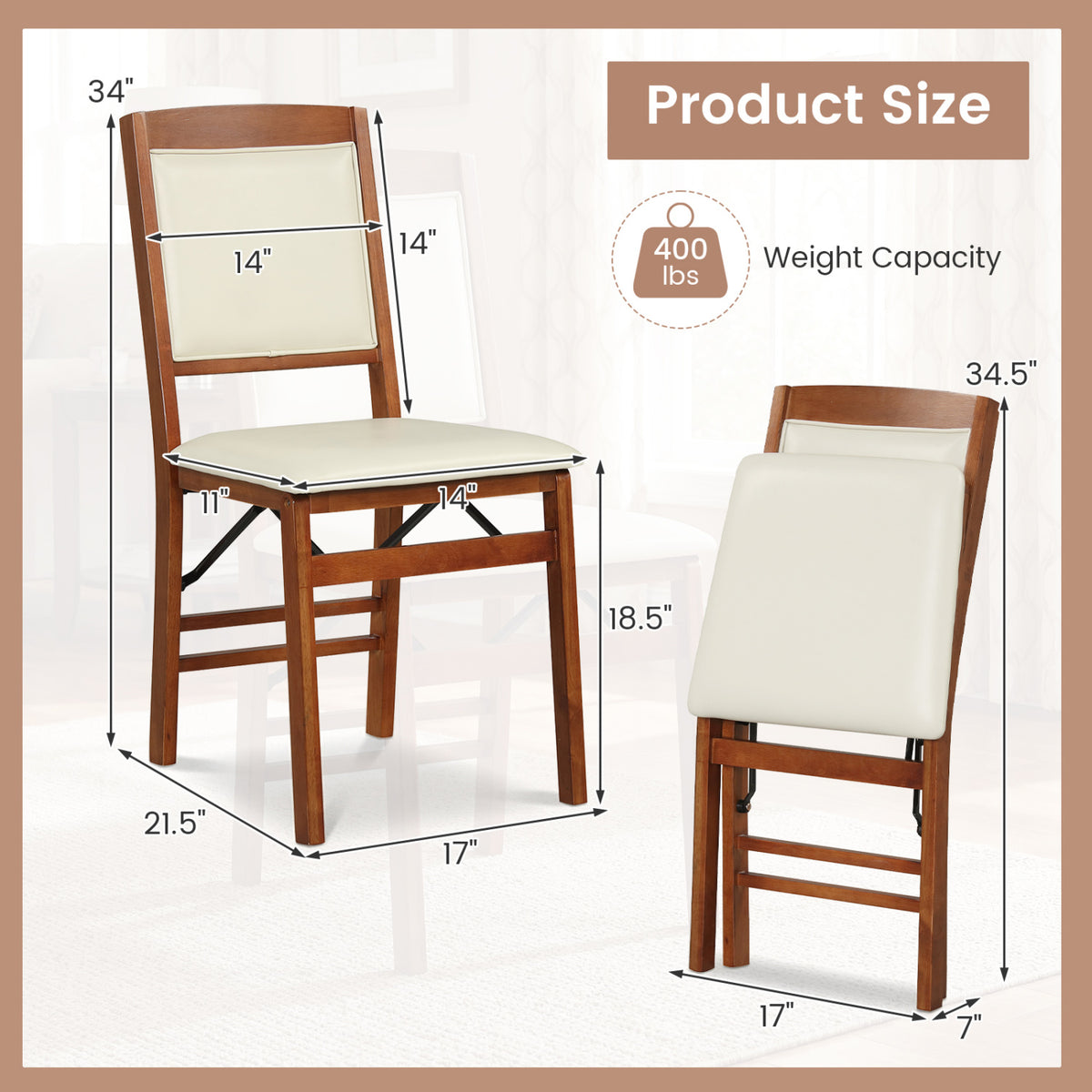 Folding Dining Chair Set of 4, Padded Seat, High Backrest - Walnut