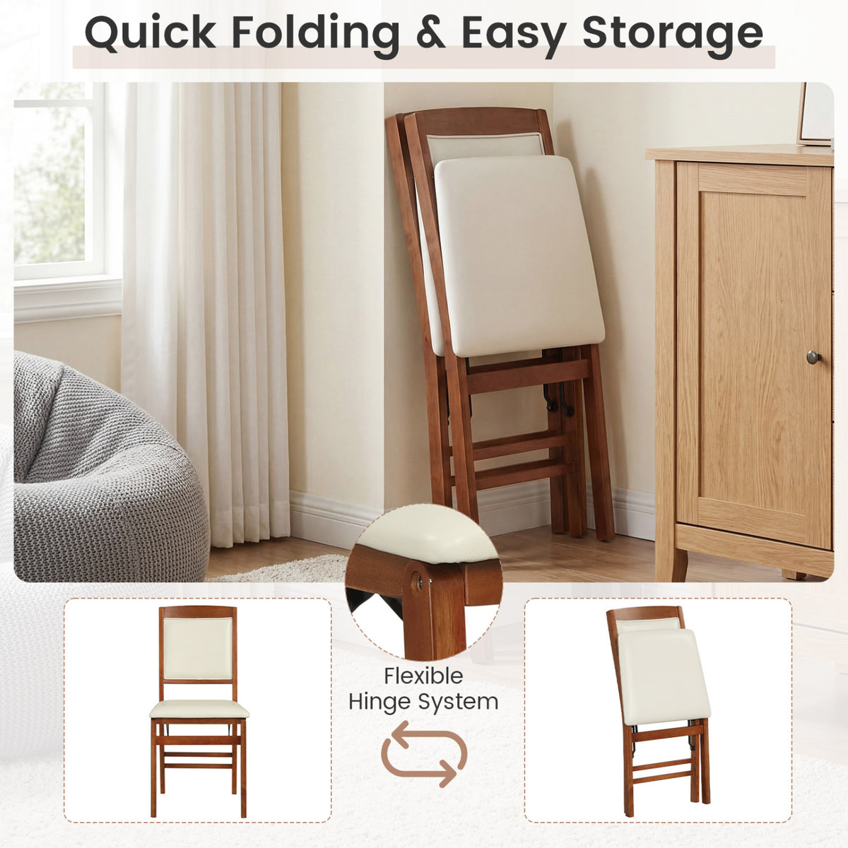 Folding Dining Chair Set of 4, Padded Seat, High Backrest - Walnut