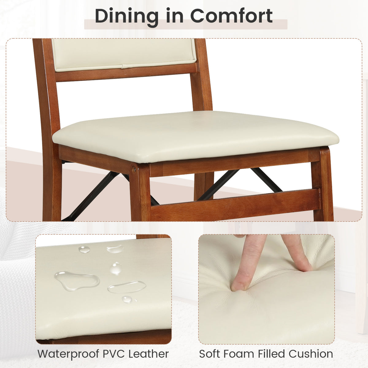 Folding Dining Chair Set of 4, Padded Seat, High Backrest - Walnut