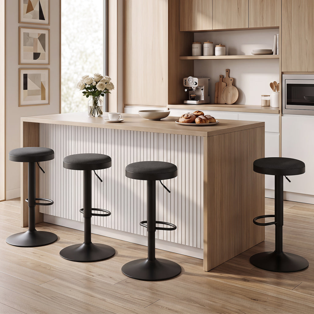 Set of 4 Kitchen Bar Stools Adjustable Height Padded - Black