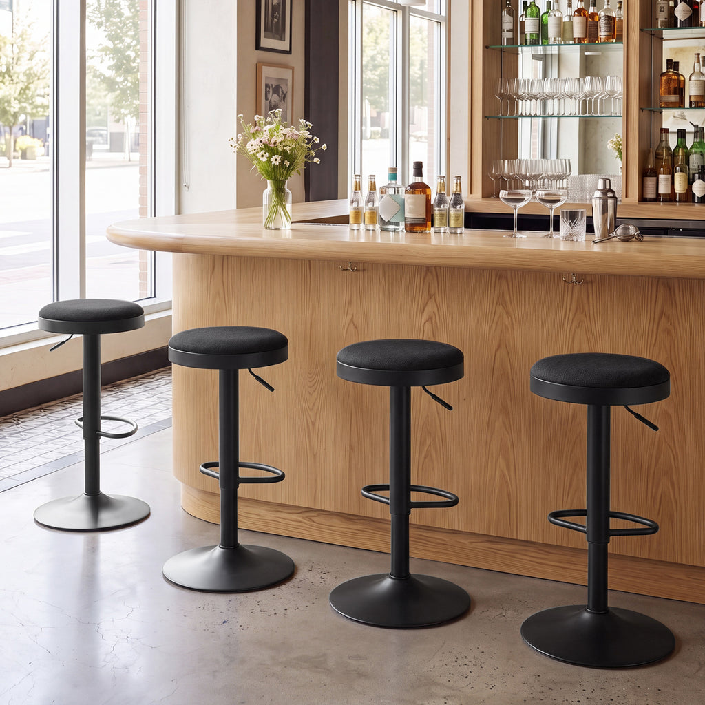 Set of 4 Kitchen Bar Stools Adjustable Height Padded - Black