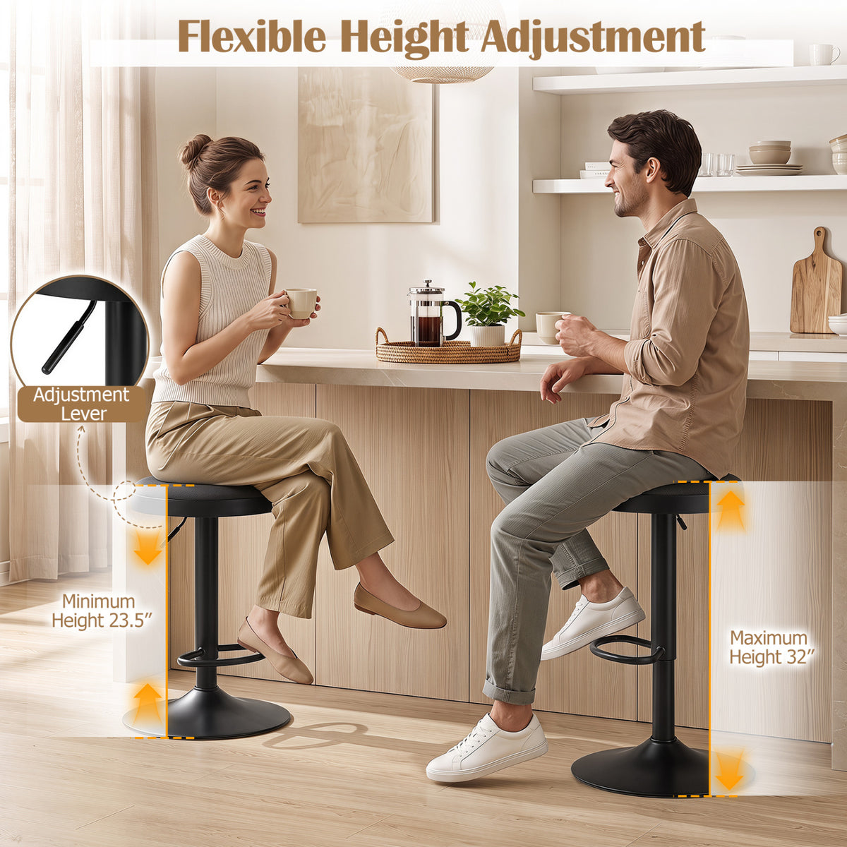 Set of 4 Kitchen Bar Stools Adjustable Height Padded - Black