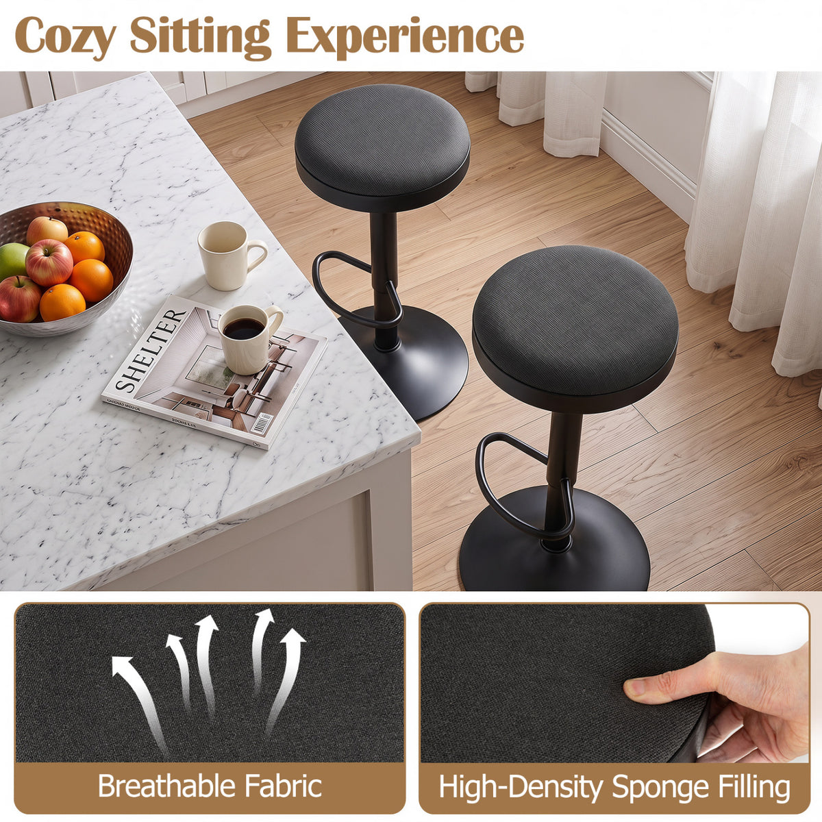 Set of 4 Kitchen Bar Stools Adjustable Height Padded - Black